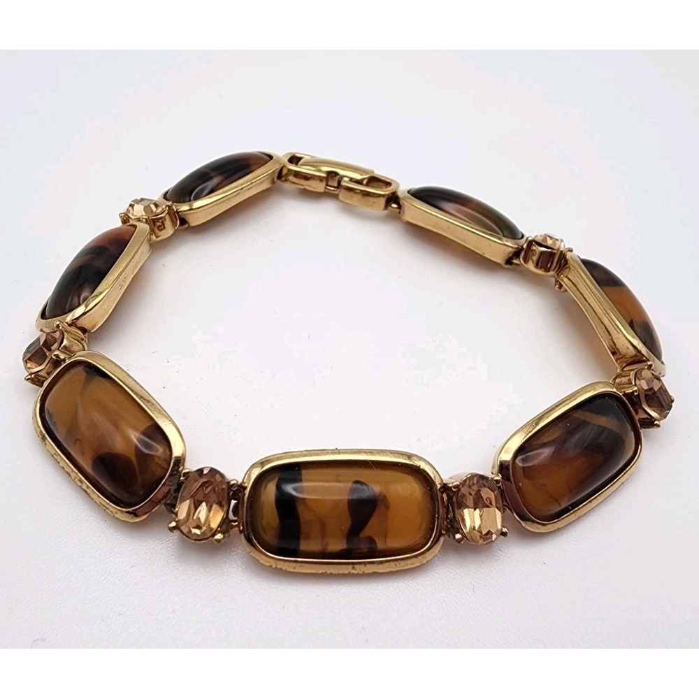 Vintage Monet Lucite Faux Tortoise-Shell Panel Rhinestone Gold-Tone Bracelet